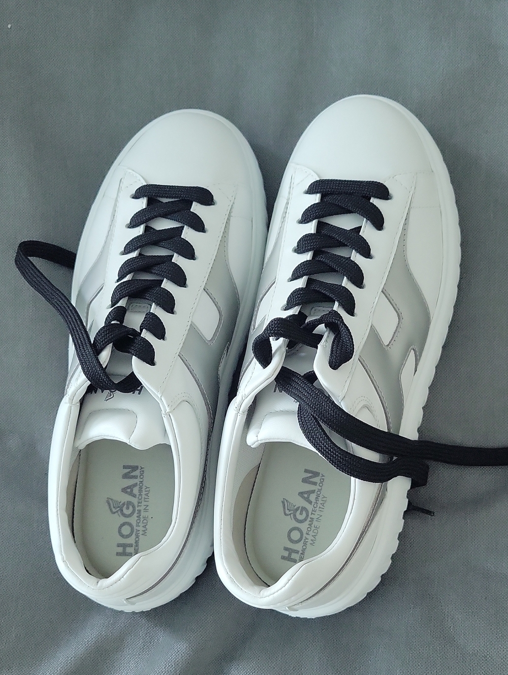 Hogan Womans White Leather Sneakers with Black Laces and Gray Accents